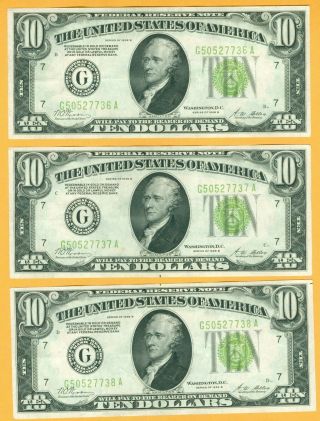 3 Consecutive 1928 B $10 Ten Dollars Frn Federal Reserve Notes Uncirculated Lgs