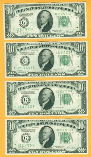 4 Consecutive 1928 B $10 Ten Dollars Frn Federal Reserve Notes Uncirculated
