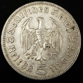 1936 A Germany 5 Reichsmark 13.  8gm.  900 Silver Paul Von Hindenburg Coin ©g5r3663