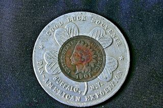 1901 Pan - American Exposition 1901 Encased Indian Penny Lucky Piece Souvenir