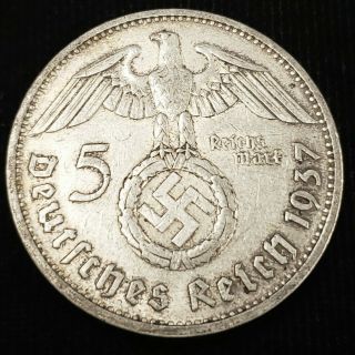 1937 G Germany 5 Reichsmark 13.  8gm.  900 Silver Paul Von Hindenburg Coin 2G5R3727 2