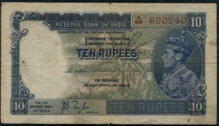 British India King George Vi 10 Rupees J.  B.  Taylor P19 Vf 1937