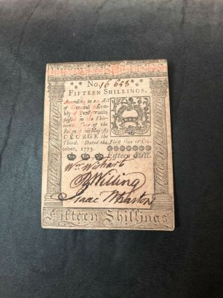 Fifteen Shillings Pennsylvania Colonial Currency (c) October 1773 15s