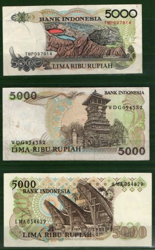 Indonesia P 120,  125,  130 1980 - 1992 5000 Rupiah All VF 2