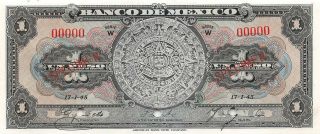 México 1 Peso 17.  1.  1945 P 38cs Series W Specimen Uncirculated Banknote