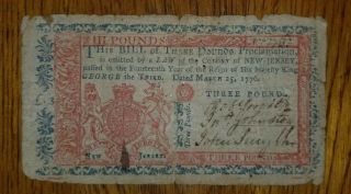 March 25,  1776 Jersey Colonial Currency Three Pound Note