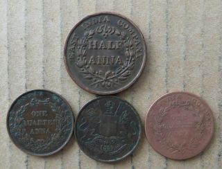 East India Company 1/4 Anna 1833,  1835 & 1838,  1/2 Anna 1835.  Jo - 7170