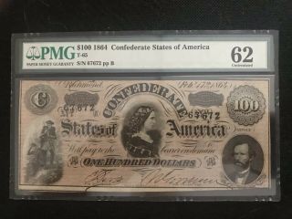 1864 T - 65 $100 Confederate States Of America Pmg 62 Uncirculated