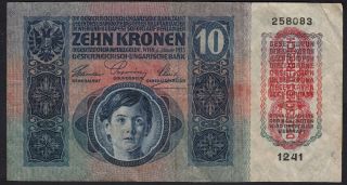 1915 Austria 10 Kronen 1919 Overprint Old Paper Money Banknote Currency P 51 Vf