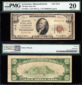 Scarce Bold Mid - Grade Vf 1929 $10 Lawrence,  Ma National Banknote Pmg 20