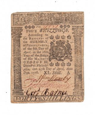 1776 Pennsylvania Colonial Currency 40s Forty Shillings Note Philadelphia Us Usa