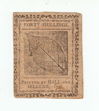 1776 Pennsylvania Colonial Currency 40s Forty Shillings Note Philadelphia US USA 2