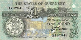 Guernsey 1 Pound Nd.  1990 P 52b Series Q Circulated Banknote Ej5