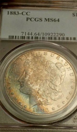 1883 - Cc Pcgs Ms64 Textile Rainbow Toned Morgan Dollar Great Color Luster Mkrzp