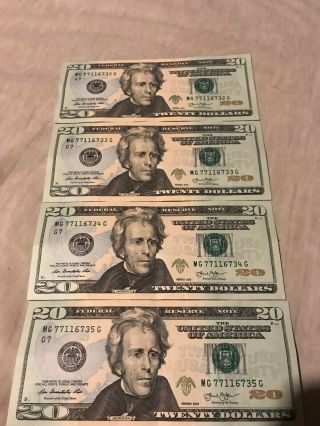 4 X Uncirculated $20 Twenty Dollar Bills Sequential Order $80 Value Real Money