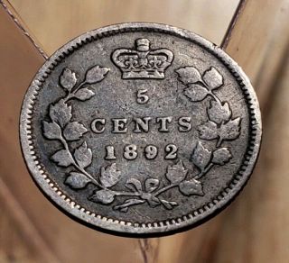1892 Canada Queen Victoria 5 Cents Silver Coin 2