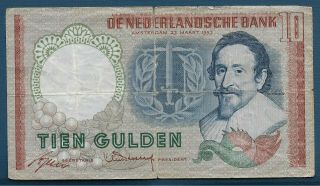 Netherlands 10 Gulden,  1953,  Vf Large Split