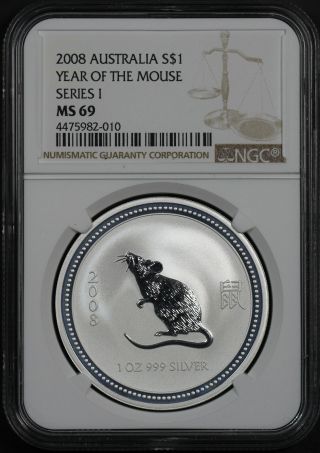 2008 Australia Lunar Series I Silver $1 Year Of The Mouse Ngc Ms - 69 - 179720