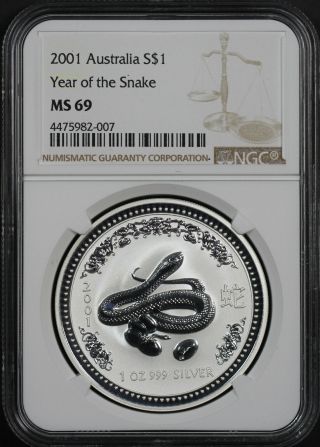 2001 Australia Lunar Series I Silver $1 Year Of The Snake Ngc Ms - 69 - 179716