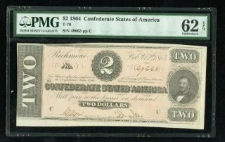 1864 $2 Confederate States Of America T - 70 Note Pmg 62 Epq Civil War Note
