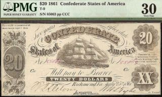 1861 $20 Confederate States Of America Currency Civil War Note Money T - 9 Pmg 30