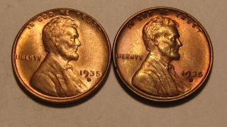 1935 D & 1935 S Lincoln Cent Penny - Mixed Bu - 185su - 2