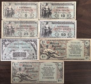 Complete Series 481 Military Payment Certificates 5 Cent,  10 Cent,  25 Cent,  50 C