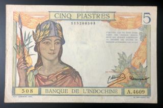 French Indochina P - 55c 5 Piastres 1946 Back: Old Lao Text: ໕ ຫຼຽญ Xf