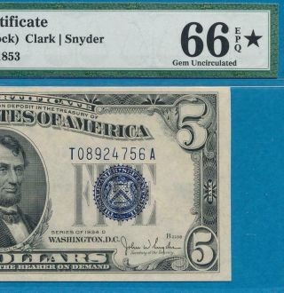 $5.  00 1934 - D W1 Silver Certificate Blue Seal Attractive Pmg Gem 66epq