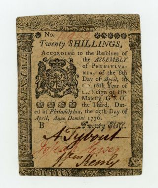 (pa - 206) April 25th,  1776 20 Shillings Pennsylvania Colonial Currency Note Au