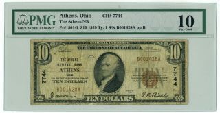 Fr.  1801 - 1 1929 Ty.  1 $10 Charter 7744 Athens,  Ohio National Bank Note Vg 10 Pmg