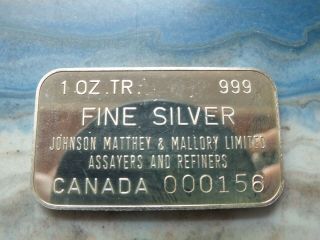 1974 Johnson Matthey & Mallory 1 Oz Silver Bar (with Serial) - - - 000156