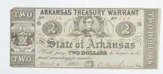 Crisp Au/unc 1863 $2 Arkansas Treasury Warrant - Civil War Era 014