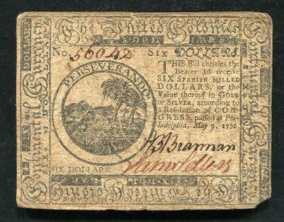 Cc - 36 May 9,  1776 $6 Six Dollars Continental Currency Note