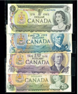(hkpnc) Canada 1971 - 1979 $1 To $20 Banknote Vf - Ef
