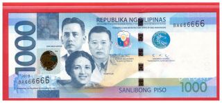 Ba 666666 2019 Philippines 1000 Peso Ngc,  Duterte & Diokno Solid No.  Note Unc