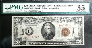 $20 1934 A Hawaii Wwii Emergency Issue Pmg 35 Choice Very Fine Bright Note