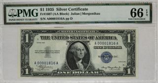 1935 $1 Silver Certificate Note Currency Aa Block Fr.  1607 Pmg Cu 66 Epq (815a)