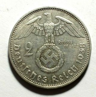 1938 - A 2 Marks Nazi Germany - 62.  5 Silver - Hindenburg Ww2 Coin