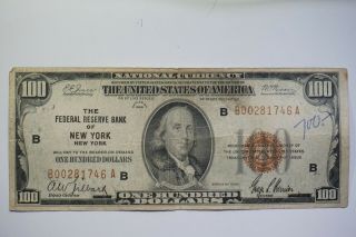 1929 $100 National Currency - " Red Seal " Federal Reserve Bank Note - York