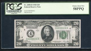 Fr.  2050 - D 1928 $20 Frn Federal Reserve Note Pcgs About Uncirculated - 58ppq