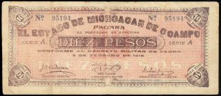 Mexico M2895a¦si - Mic - 8 (s - 883) Estado De Michoacan De Ocampo $10 5.  2.  1915 Vf,