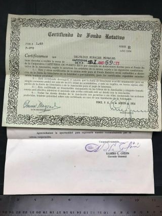 Puerto Rico 1954 Ponce,  Cafeteros Pr Certificado Fondo Rotativo Salvador Morales