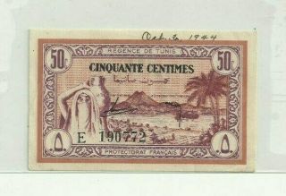 1943 50 Centimes Tunisia Ww2 Era Circulated Looking Note