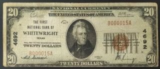 1929 $20 National Currency From The First National Bank Of Whitewright,  Tx