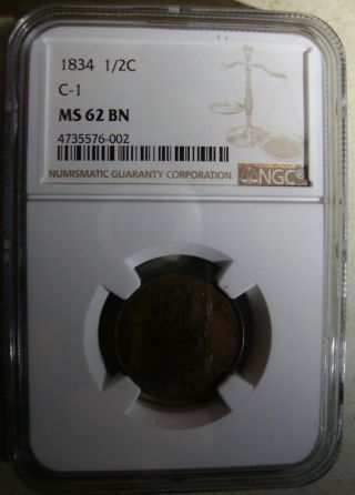 1834 Classic Head Half Cent - C1 - Ngc Ms62bn - Lovely Toning