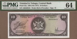 Trinidad & Tobago: 10 Dollars Banknote,  (unc Pmg64),  P - 32a,  1964,