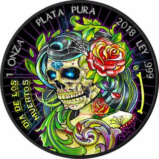 Dia De Los Muertos Ii Day Of The Dead 1oz Black Ruthenium Siver Coin Mexico 2018
