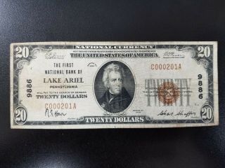1929 $20 National Bank Note - First National Bank Of Lake Ariel,  Pennsylvania.
