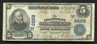1902 $5 The Denver National Bank Of Denver,  Co National Currency Ch.  3269